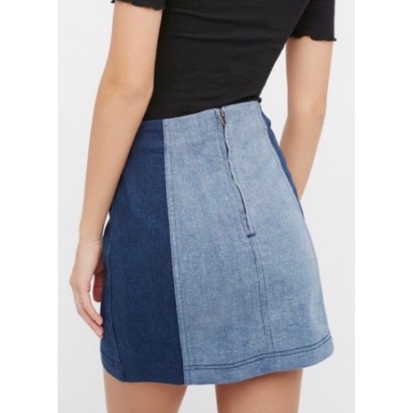 FREE PEOPLE Two Tone Patchwork Denim Mini Skirt - Picture 2 of 5